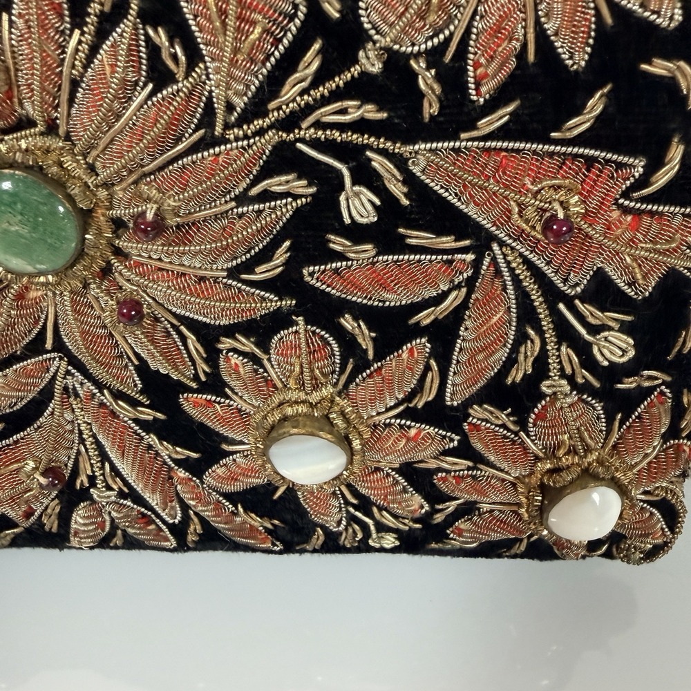 Vintage Evening Handbag Floral Embroidered & Gemstones Clutch Purse FLAW - Picture 8 of 16